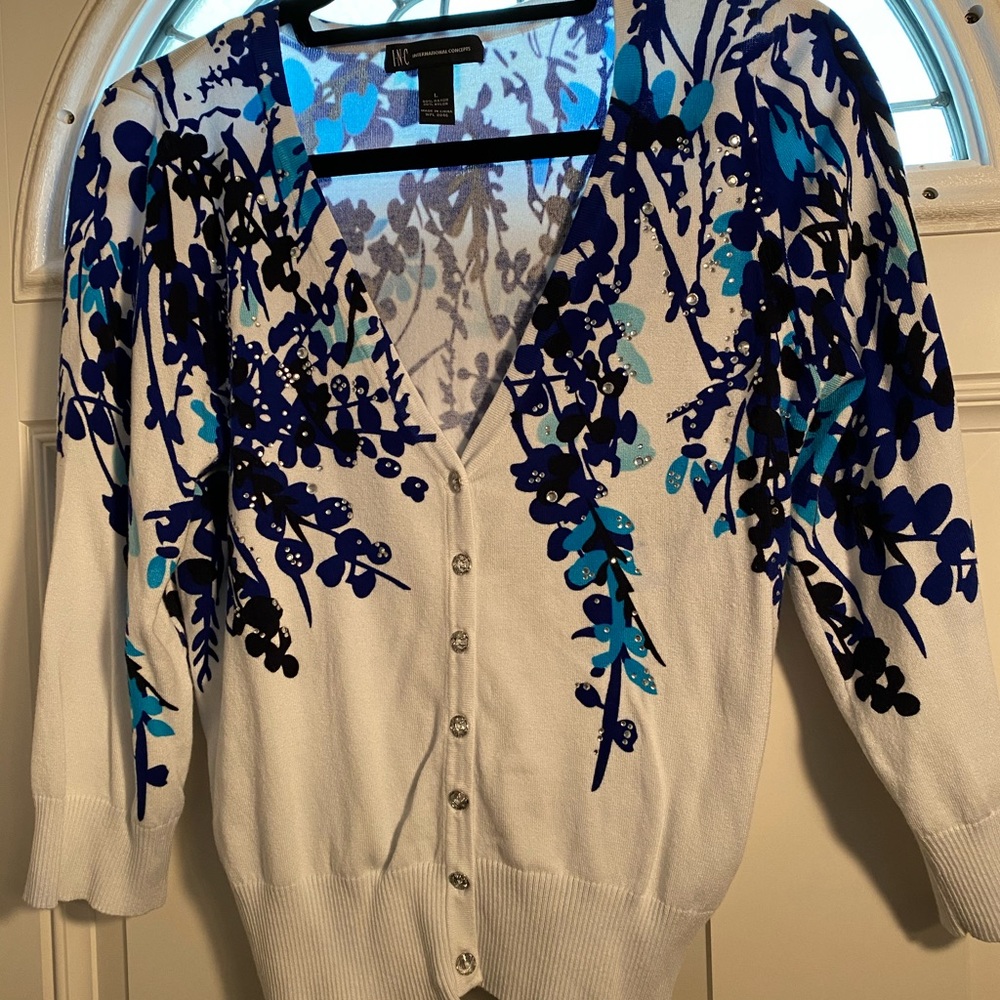 INC White & Blue Cardigan Sweater Size Large